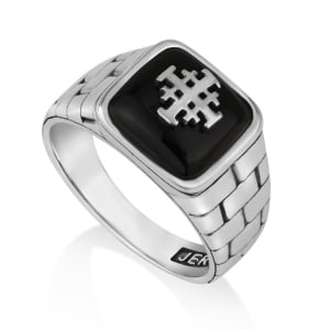 Men's Sterling Silver Jerusalem Cross Ring with Onyx Stone and Brick Design