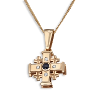 14K Gold Jerusalem Cross Necklace with White and Black Diamonds and Jerusalem Inscription 
