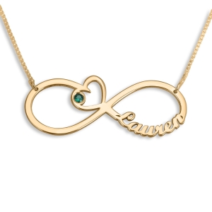 Gold-Plated English/Hebrew Infinity Heart Birthstone Personalized Name Necklace