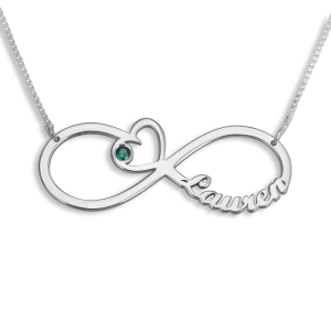 Sterling Silver English/Hebrew Infinity Heart Birthstone Personalized Name Necklace