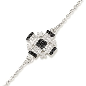 Emuna Studio Rhodium Plated Silver Pavé Jerusalem Cross Bracelet with White and Black CZ