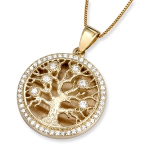 Large 14K Gold Diamond-Studded Round Tree of Life Pendant with Diamond Border