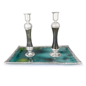 Sophisticated Large Sterling Silver-Plated Glass Shabbat Candlesticks in Green