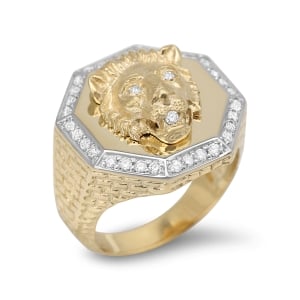 14K Gold Lion of Judah Men's Ring With Halo of White Diamonds