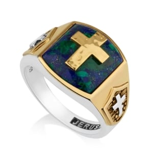 Marina Jewelry 925 Sterling Silver Gold Plated Men's Cross Ring with Eilat Stone