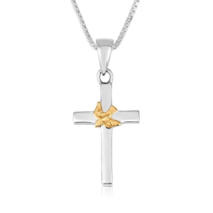 Marina Jewelry 925 Sterling Silver Latin Cross With Gold-Plated Dove of Peace Necklace