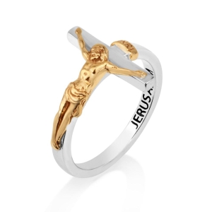 Marina Jewelry 925 Sterling Silver Ring with Gold Plated Crucifix