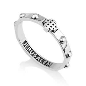 Marina Jewelry 925 Sterling Silver Rosary Ring with Jerusalem Cross