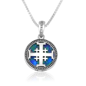 Marina Jewelry Sterling Silver Circular Jerusalem Cross Necklace and Eilat Stone