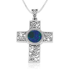 Marina Jewelry Sterling Silver Cross Necklace with Eilat Stone and Filigree Design