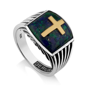 Marina Jewelry Sterling Silver Gold-Plated Latin Cross Men's Ring With Eilat Stone