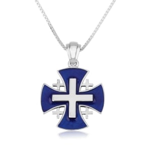Marina Jewelry Sterling Silver Jerusalem Cross Necklace with Blue Enamel