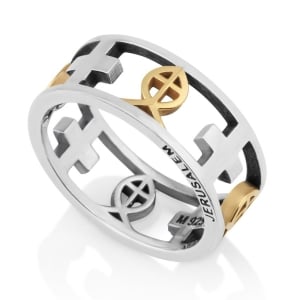 Marina Jewelry Sterling Silver Men's Ring With Cross and Gold-Plated Fish Symbol