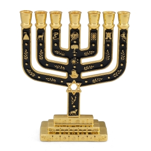 Gold Plated Star of David 7-Branch Menorah with Tribes of Israel