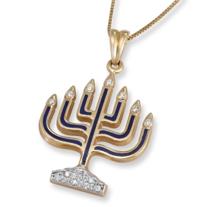 Anbinder Jewelry 14K Yellow Gold and Diamond Seven-Branch Menorah Pendant with Blue Enamel