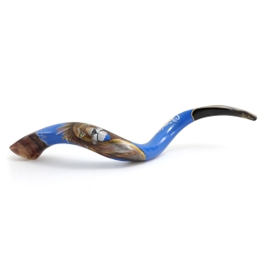 Hand Painted Kudu Shofar Horn with Lion of Judah and Jerusalem in Blue