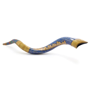 Hand Painted Kudu Shofar Horn with Jerusalem and Pomegranates in Gold and Blue