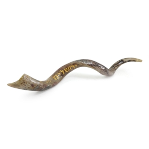 Hand Painted Kudu Shofar Horn with Iconic Jerusalem Landmarks in Silver and Gold