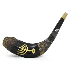 Hand Painted Ram’s Horn Shofar with Menorah and Western Wall 