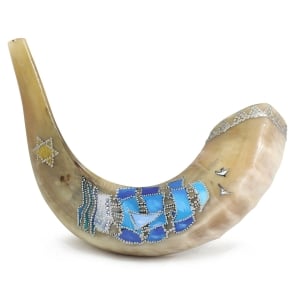 Hand Painted Ram’s Horn Shofar with Galilee Boat and Star of David 