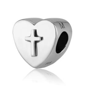 Marina Jewelry Sterling Silver Heart Bead Charm with Roman Cross