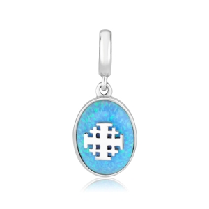 Marina Jewelry Sterling Silver Blue Opal Jerusalem Cross Oval Pendant Charm