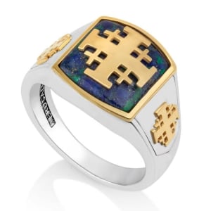 Marina Jewelry Sterling Silver and Eilat Stone Gold-Plated Jerusalem Cross Men’s Ring