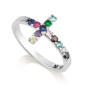 Marina Jewelry Sterling Silver Multicolored Gemstone Roman Cross Promise Ring