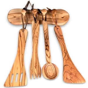 Olive Wood Kitchenware Set with Hanging Rack (5-Piece Set)