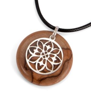 Olive Wood and Sterling Silver Handmade Mandala Pattern Cross Necklace