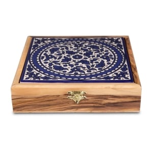Olive Wood Jewelry Box with Blue Flowers Armenian Ceramic
