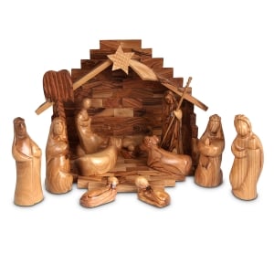 Olive Wood Hand-Carved Nativity Scene Set with Movable Figurines