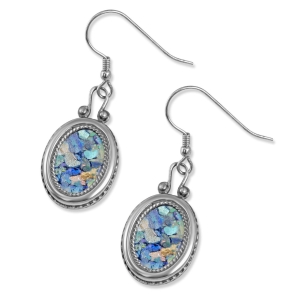 925 Sterling Silver and Roman Glass Oval Earrings with Filigree Border