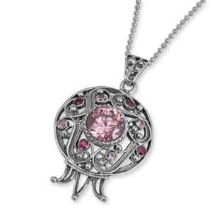 Rafael Jewelry Sterling Silver Pomegranate \Pendant with Ruby Stones, Pink Quartz and Filigree Design