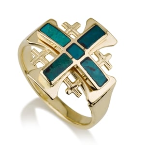 Ben Jewelry 14K Yellow Gold and Eilat Stone Men’s Stacked Jerusalem Cross Ring
