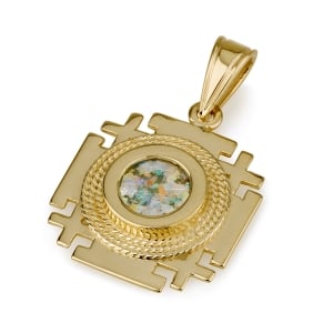 Ben Jewelry 14K Gold & Roman Glass Square Braided Filigree Jerusalem Cross Pendant