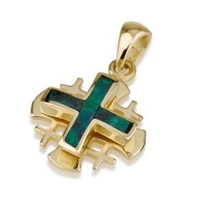 Ben Jewelry 14K Gold & Eilat Stone Layered Rounded Jerusalem Cross Pendant