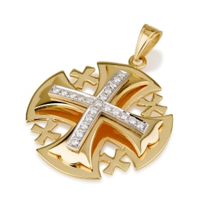 Ben Jewelry 18K Gold Deluxe Large Rounded Jerusalem Cross with Diamonds in White Gold Setting