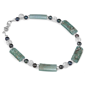 Sterling Silver Bracelet with Roman Glass and Black Pearls