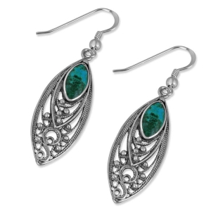 Sterling Silver and Eilat Stone Hanging Filigree Marquise Earrings 