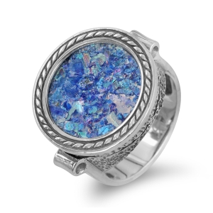 Sterling Silver and Roman Glass Circle Ring with Detailed Border