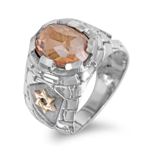 Sterling Silver and 9k Gold Western Wall and Star of David Ring with Citrine Stone