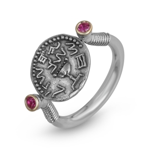 Sterling Silver and 9k Gold Ancient Half Shekel Replica Ring with Ruby Accent