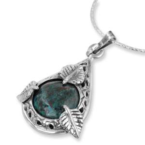 Sterling Silver and Eilat Stone Filigree Teardrop Necklace with Leaf Design