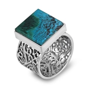 Sterling Silver and Eilat Stone Square Filigree Ring
