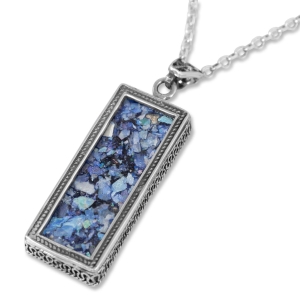 Sterling Silver Rectangle Filigree Roman Glass Necklace