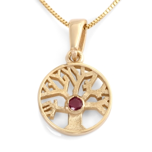 14K Yellow Gold Circular Tree of Life Pendant Necklace With Ruby Stone