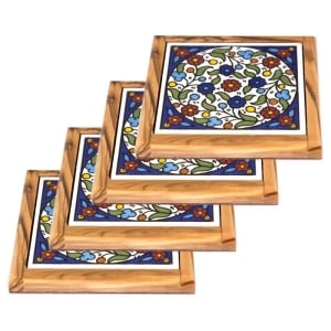 Olive Wood & Armenian Ceramic Coasters with Colorful Floral Motif - Set of 4