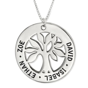 Silver Hebrew/English Name Necklace with Family Tree Design