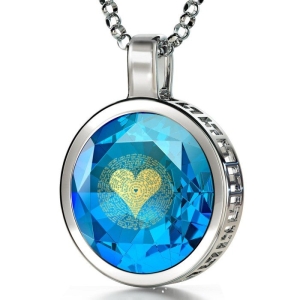 Sterling Silver and Large Cubic Zirconia Necklace with 24K Gold Heart and "I Love You" Micro-Inscribed in 120 Languages